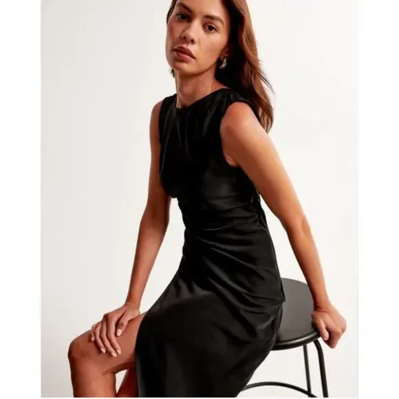 Abercrombie & Fitch black satin low back draped midi dress - Picture 7 of 8